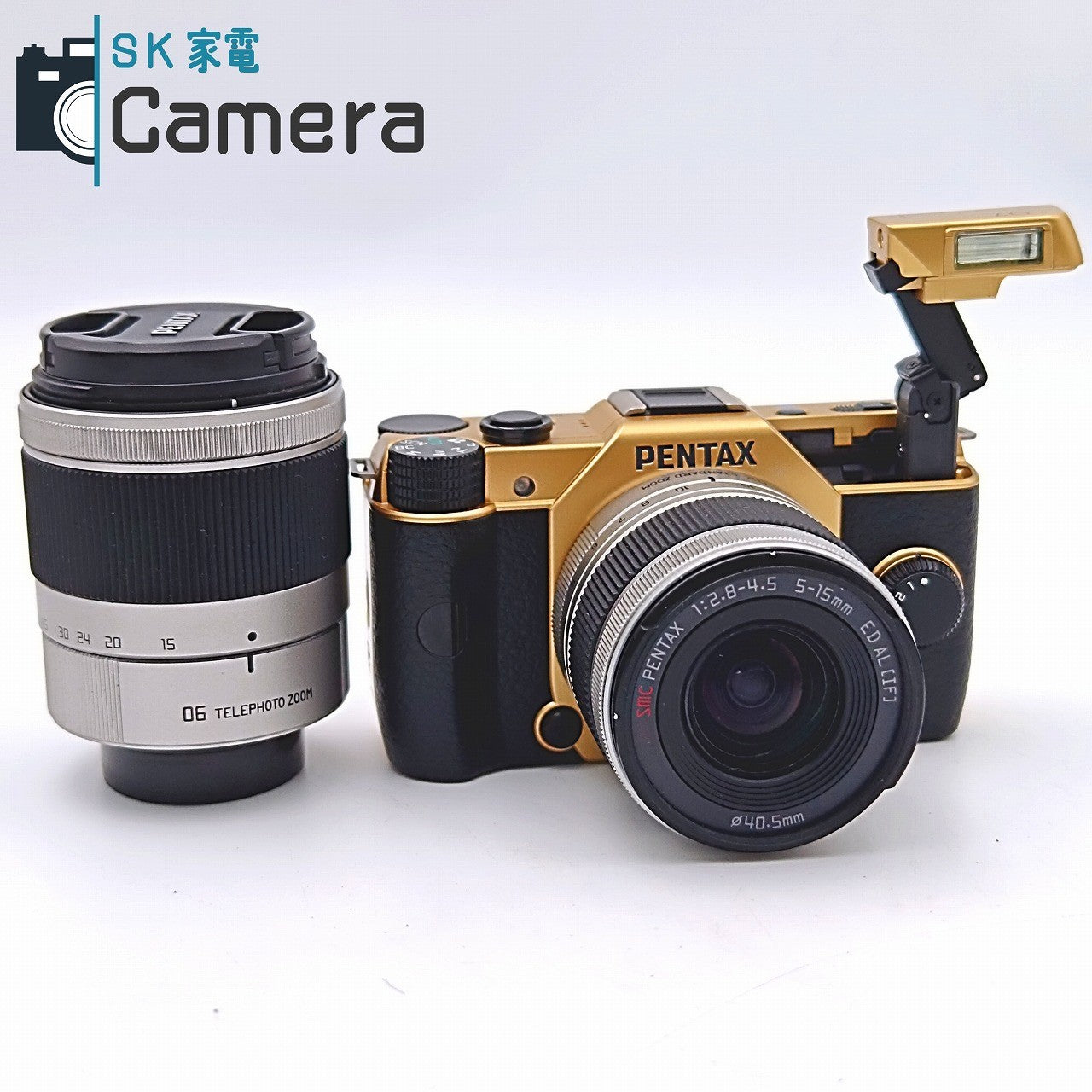 【中古】 PENTAX Q7 GOLD SMC PENTAX 5-15ｍｍ F2.8-4.5 ED AL 02 STANDARD 15-45ｍｍ F2.8 ED 06 TELEPHOTO 電池 充電器付 ゴールド