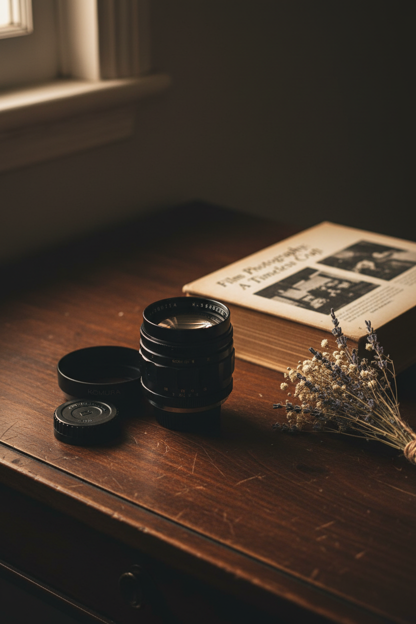 KOMURA 85mm F1.4 ライフスタイルイメージ｜ダークウッドとドライフラワーとともに