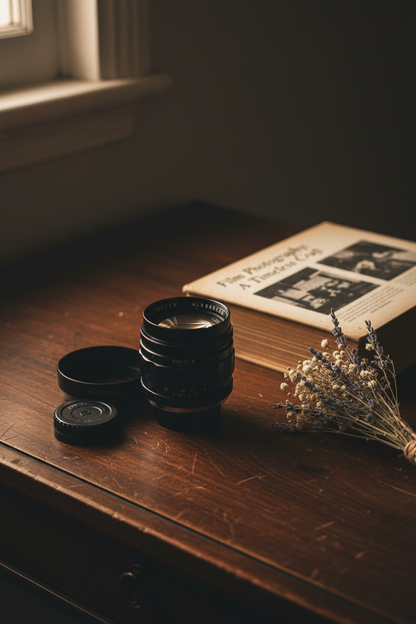 KOMURA 85mm F1.4 ライフスタイルイメージ｜ダークウッドとドライフラワーとともに